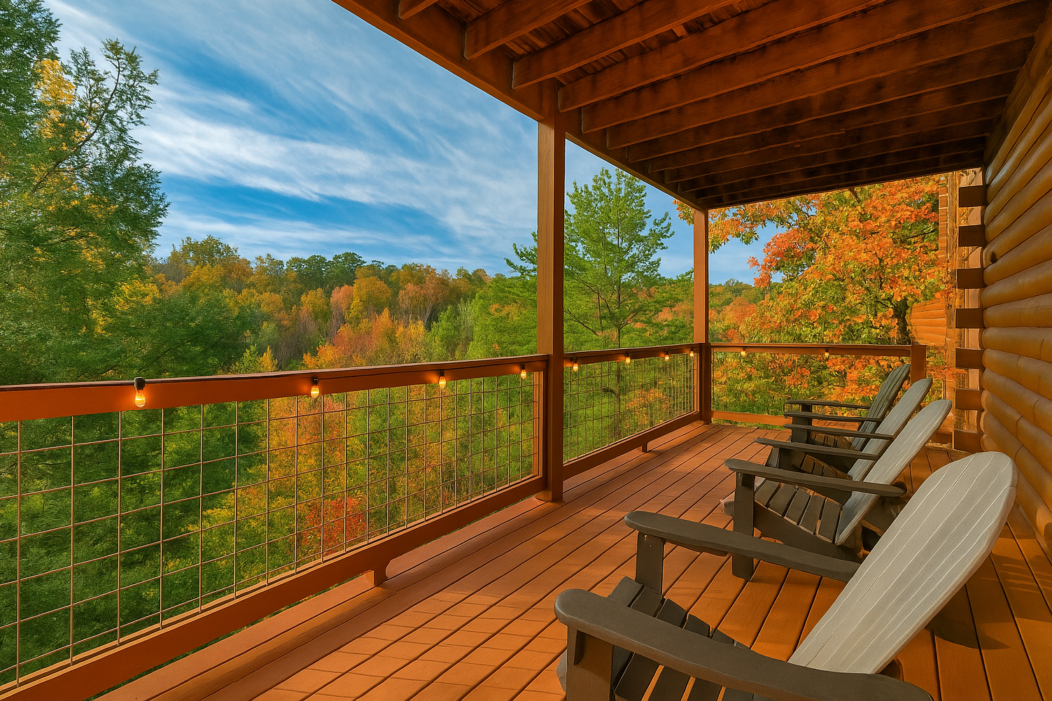 Covered deck with rocking chairs and panoramic mountain views