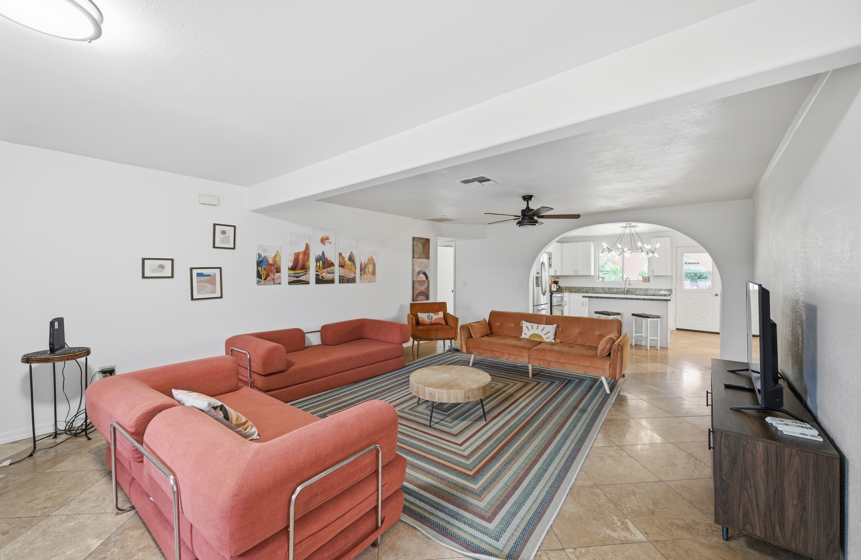 Open-concept living room with fireplace