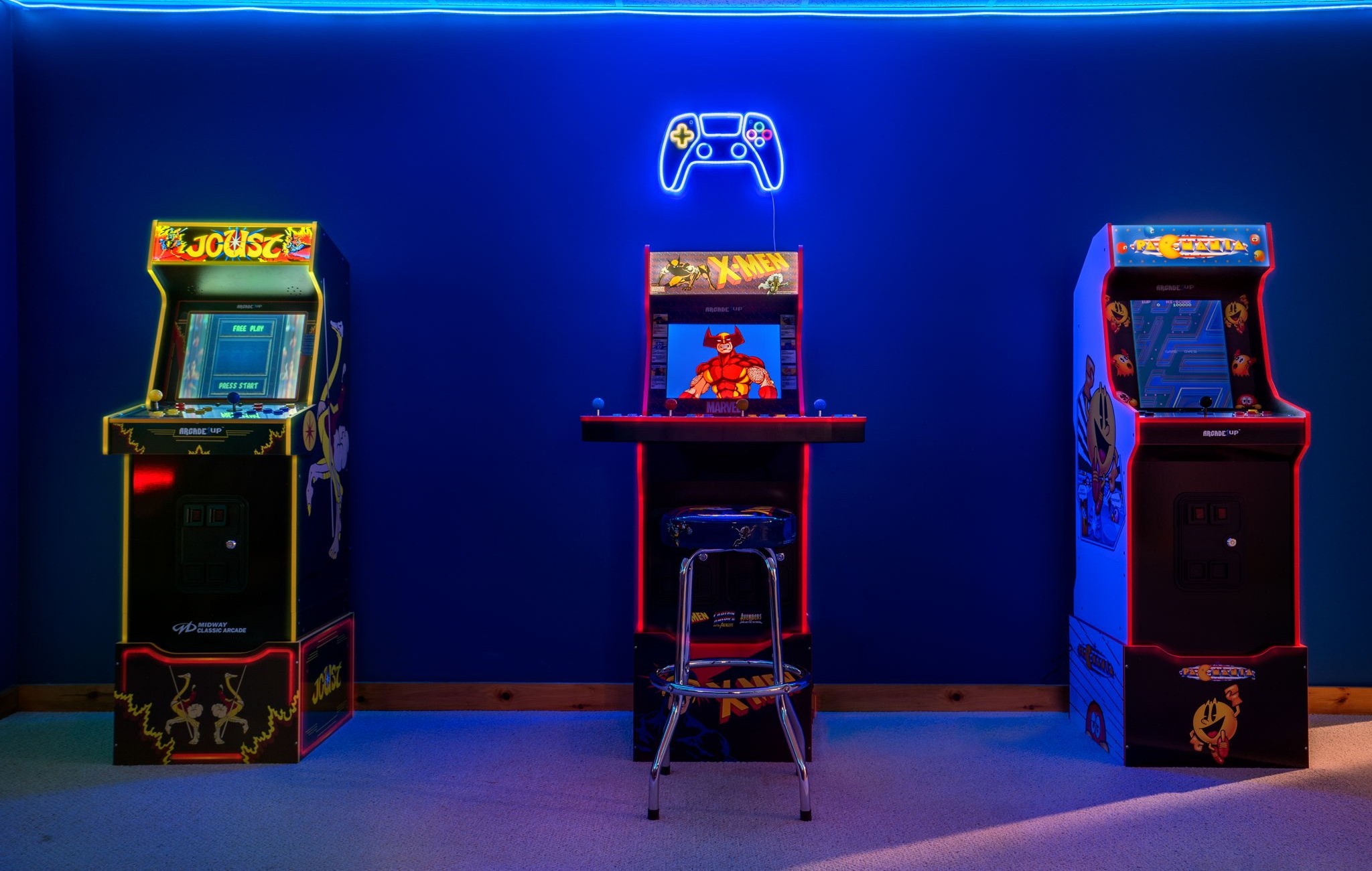 Arcade game room with X-Men and Pac-Man