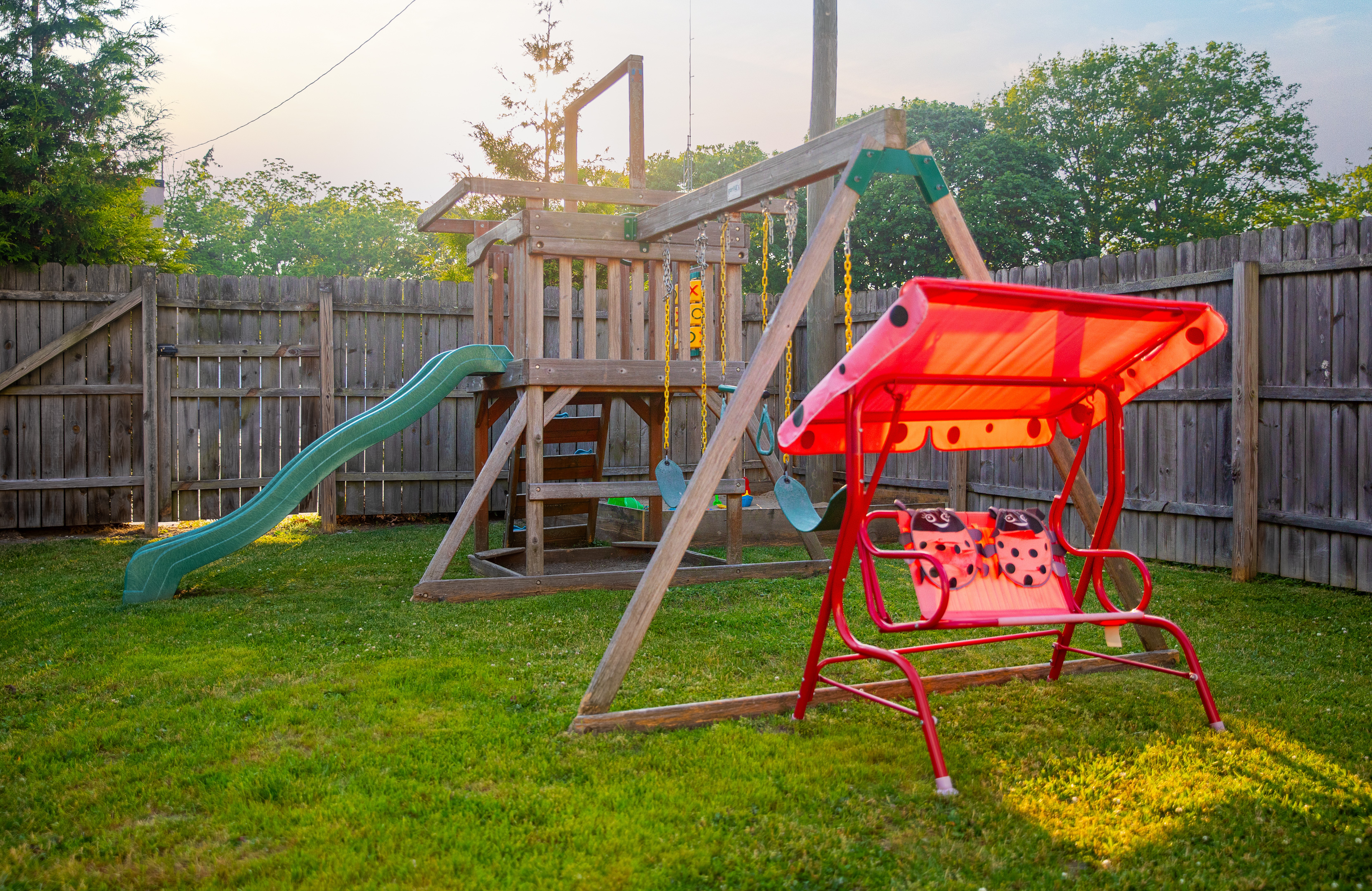 Backyard playground and pool