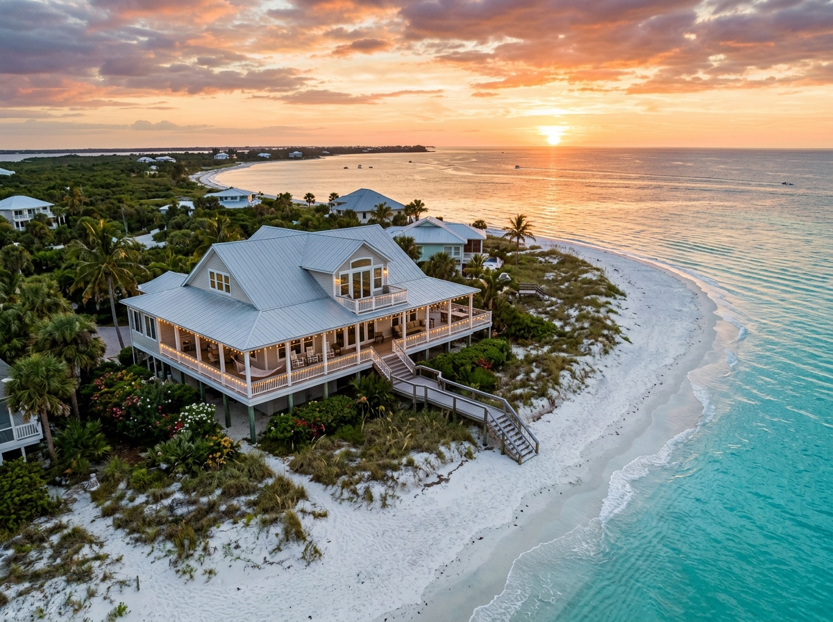 Beachfront vacation home at sunset, Gulf Coast Florida