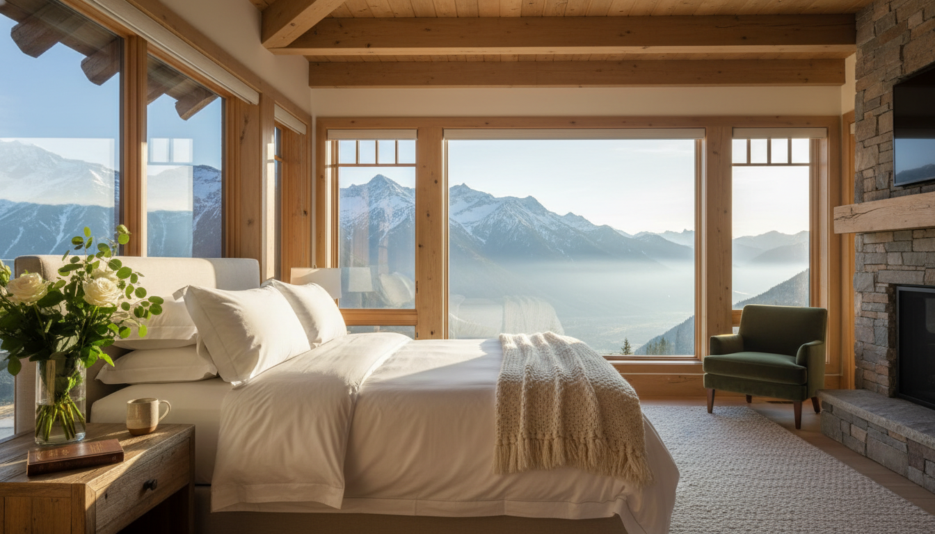 Luxury cabin bedroom with mountain view